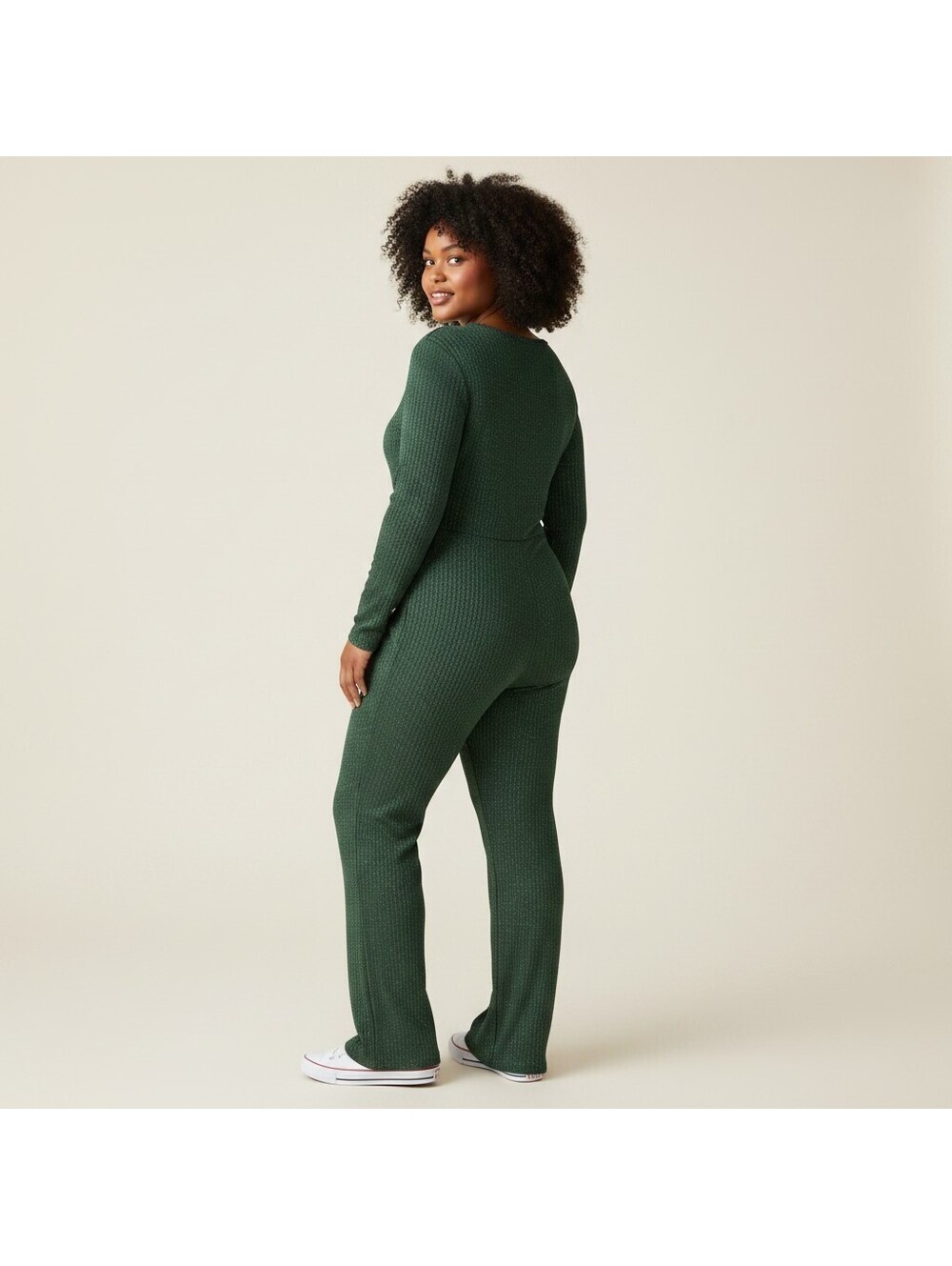 Unbranded Jumpsuit Women XL Green V-Neck Long Sleeve Wide Leg Stretch Casual - Picture 2 of 7